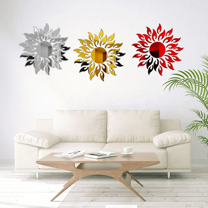 Sun Flower Wall Sticker Acrylic Mirror Sticker Self Adhesive Reflective Decal Mural Wallpaper for TV Background Art Home Decor