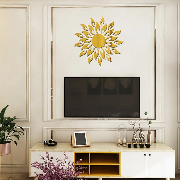 Sun Flower Wall Sticker Acrylic Mirror Sticker Self Adhesive Reflective Decal Mural Wallpaper for TV Background Art Home Decor